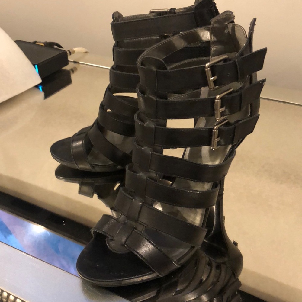 Black leather strapped heels